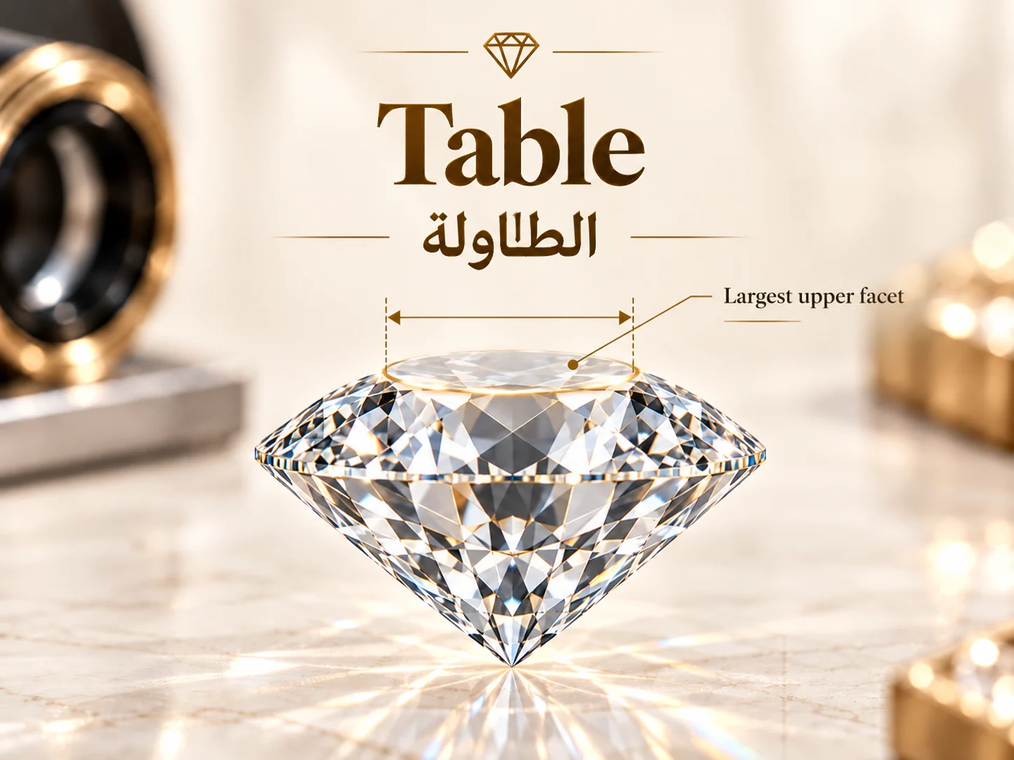 منظر علوي وجانبي لماسة يوضح أكبر وجه علوي في الحجر وموقع Table بالنسبة لعرض الماسة.