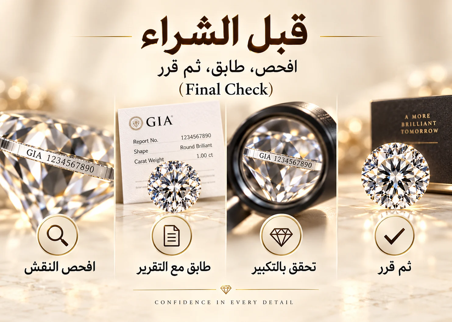 تسلسل بصري من أربع خطوات: فحص النقش، مطابقة التقرير، استخدام التكبير، ثم اتخاذ قرار الشراء.