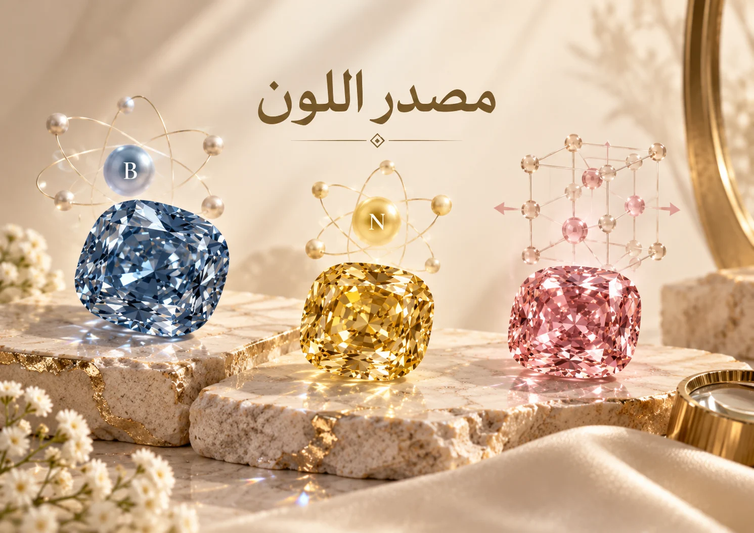 ماسات ملونة مع رموز مبسطة تمثل عناصر أو تغيرات في البنية البلورية.