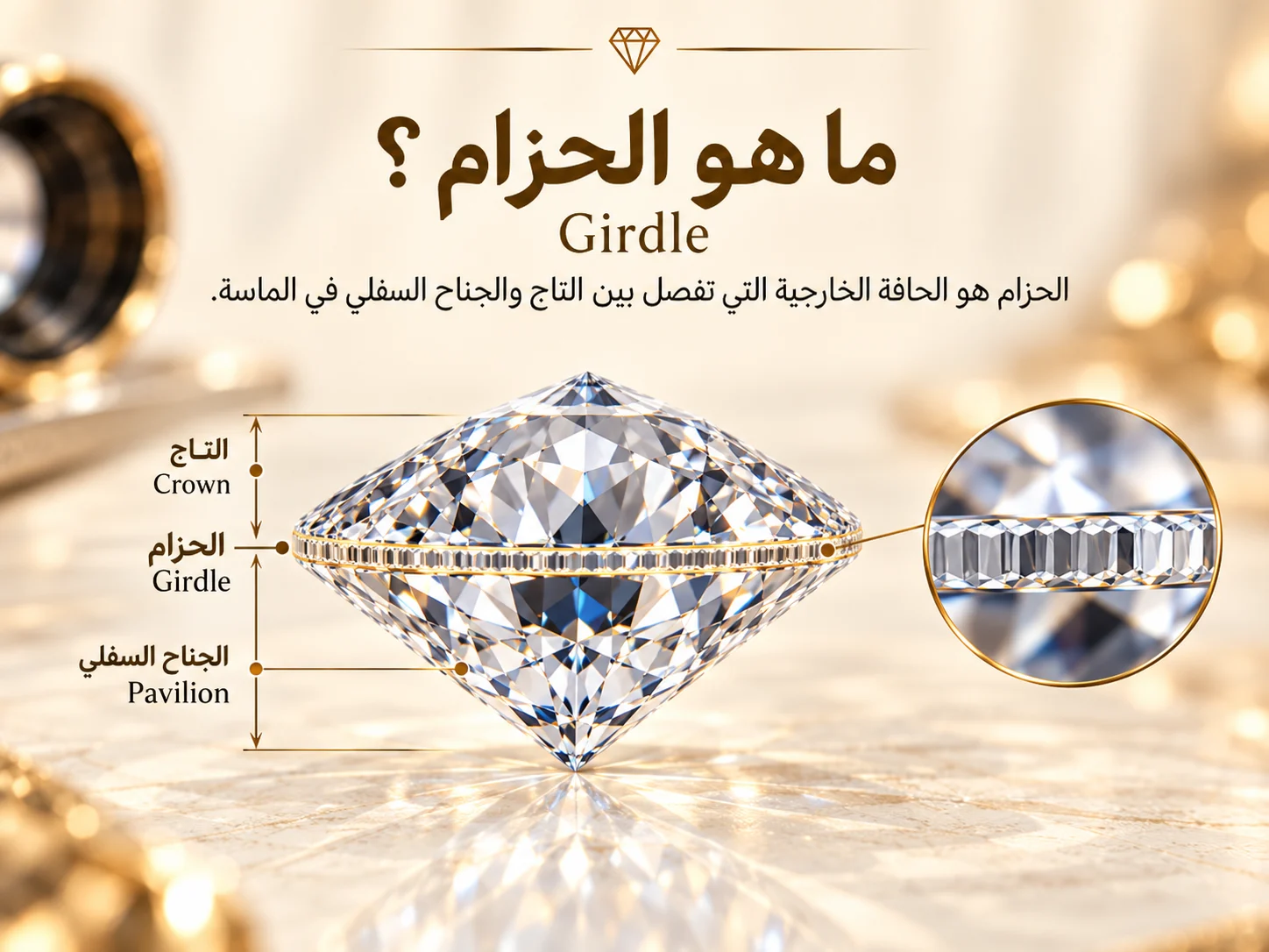 مقطع جانبي لماسة مع تكبير للحزام وإبراز موقعه بين التاج والجناح السفلي.