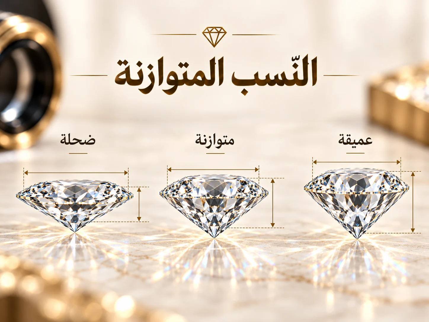 عرض بصري لنطاقات شائعة لـTable وDepth في الماس المستدير مع التأكيد على أن النِّسب تعمل معًا.