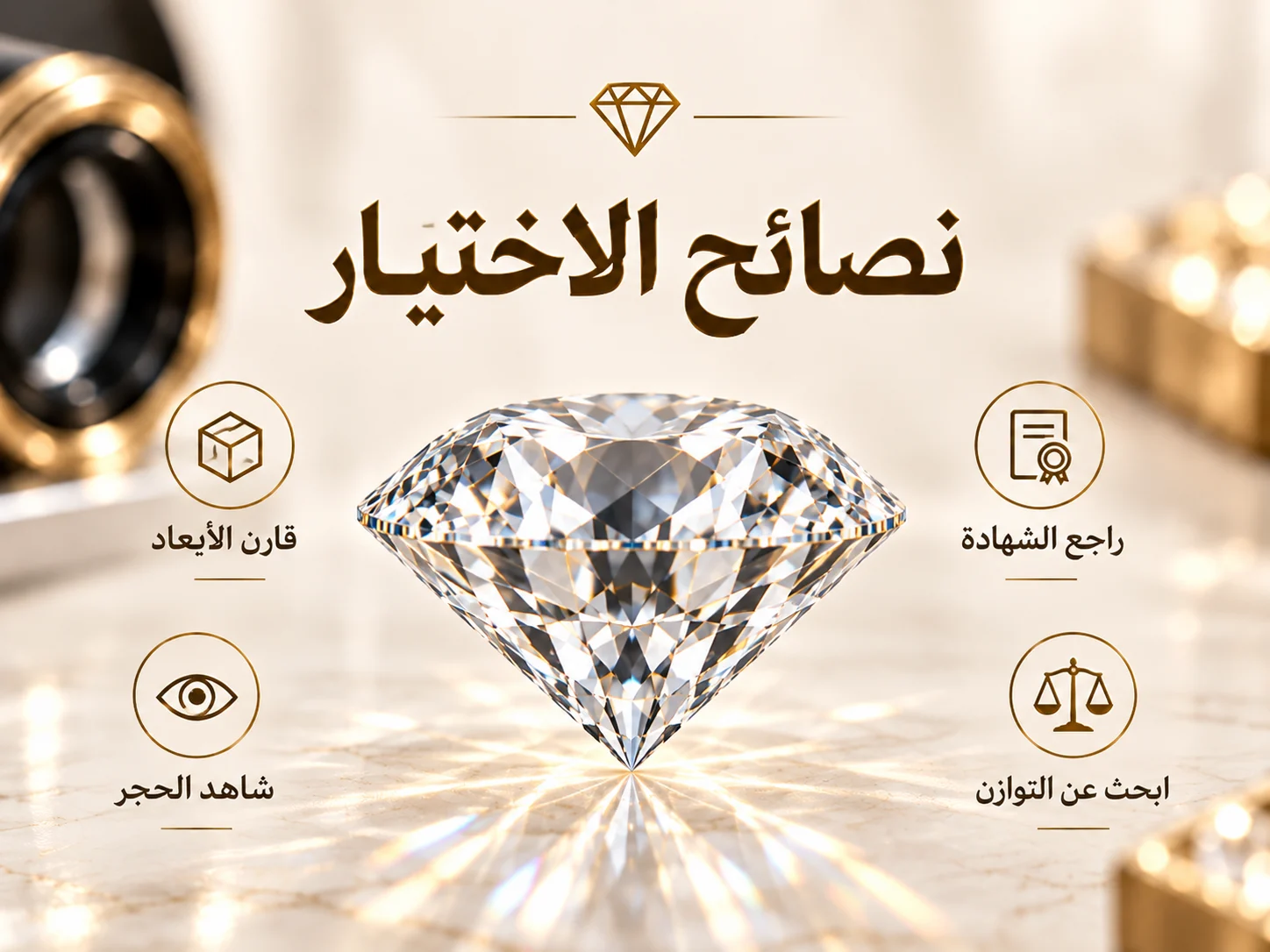 دليل بصري مختصر لاختيار Table وDepth المتوازنين مع فحص الشهادة والحجم الظاهر والأداء الضوئي.