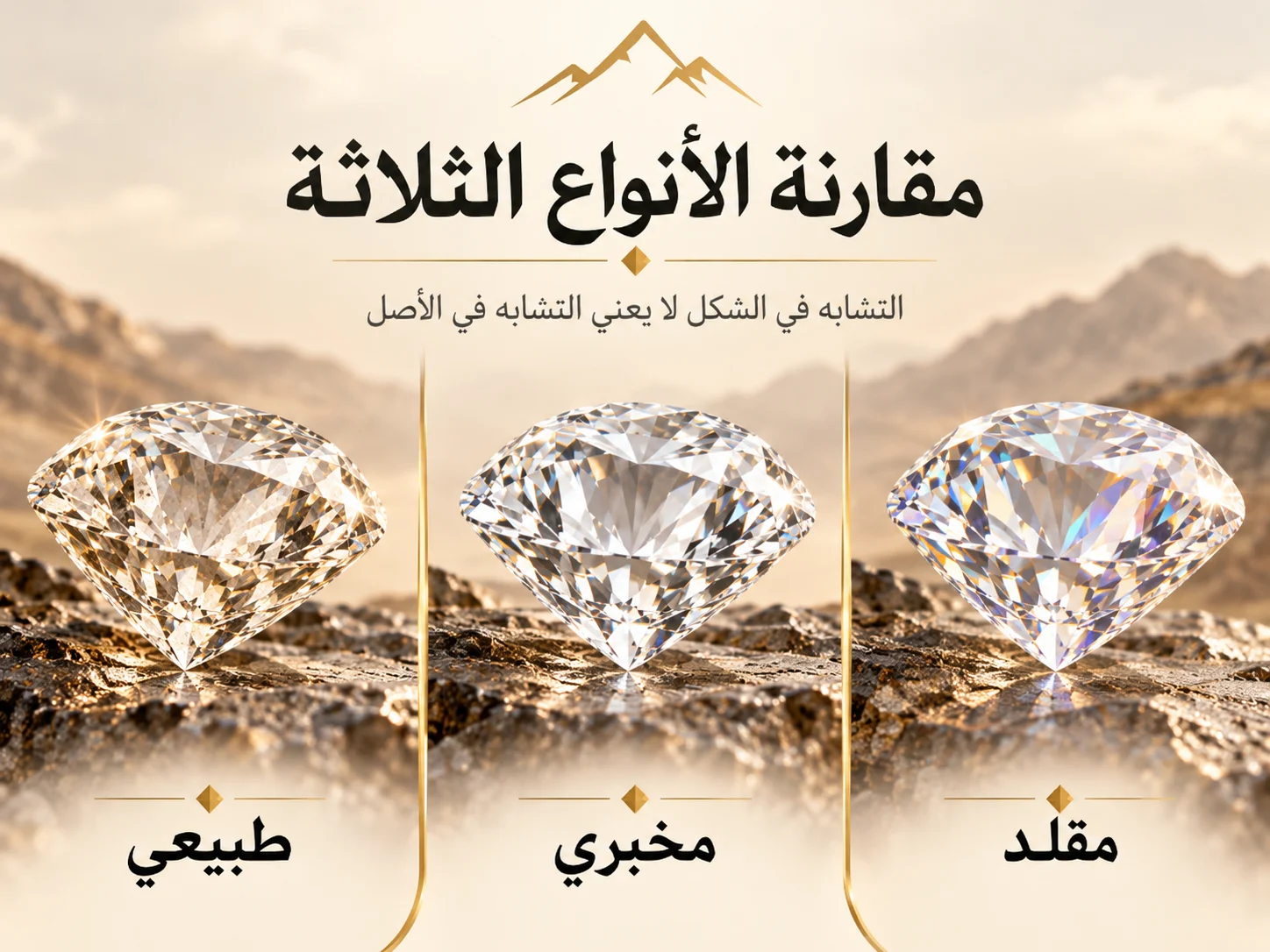 ثلاثة أحجار متجاورة Natural وLab-Grown وMoissanite/CZ، مع اختلافات بصرية دقيقة فقط.