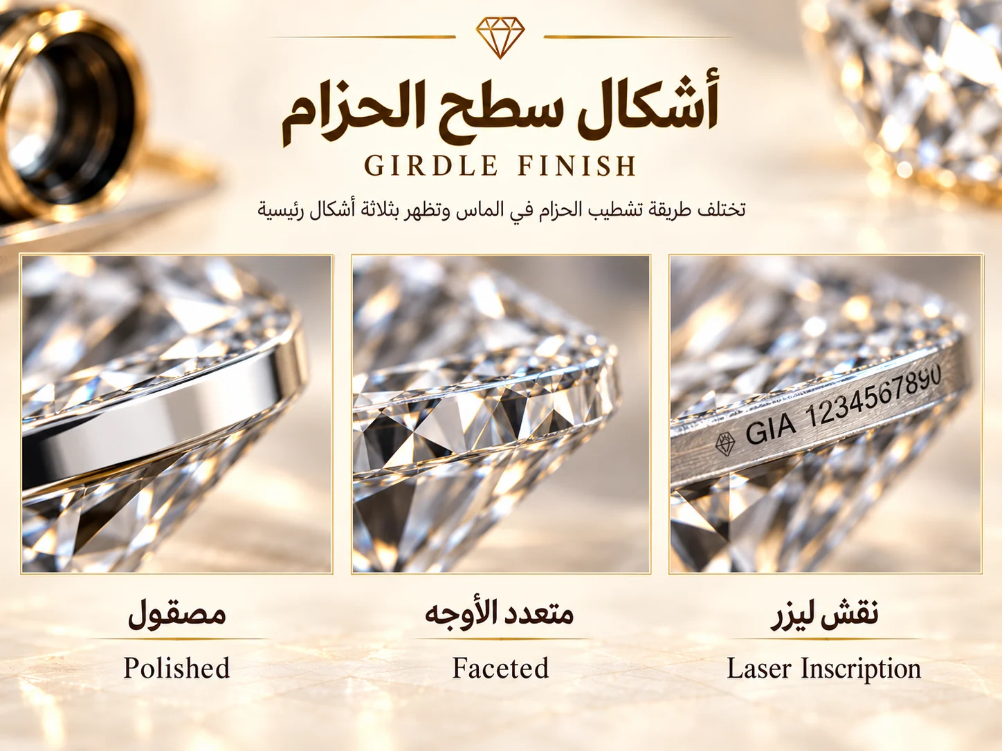 تكبير لأنواع مختلفة من تشطيب حزام الماسة، مع توضيح الحزام المصقول ومتعدد الأوجه وأمثلة على سطح الحافة.