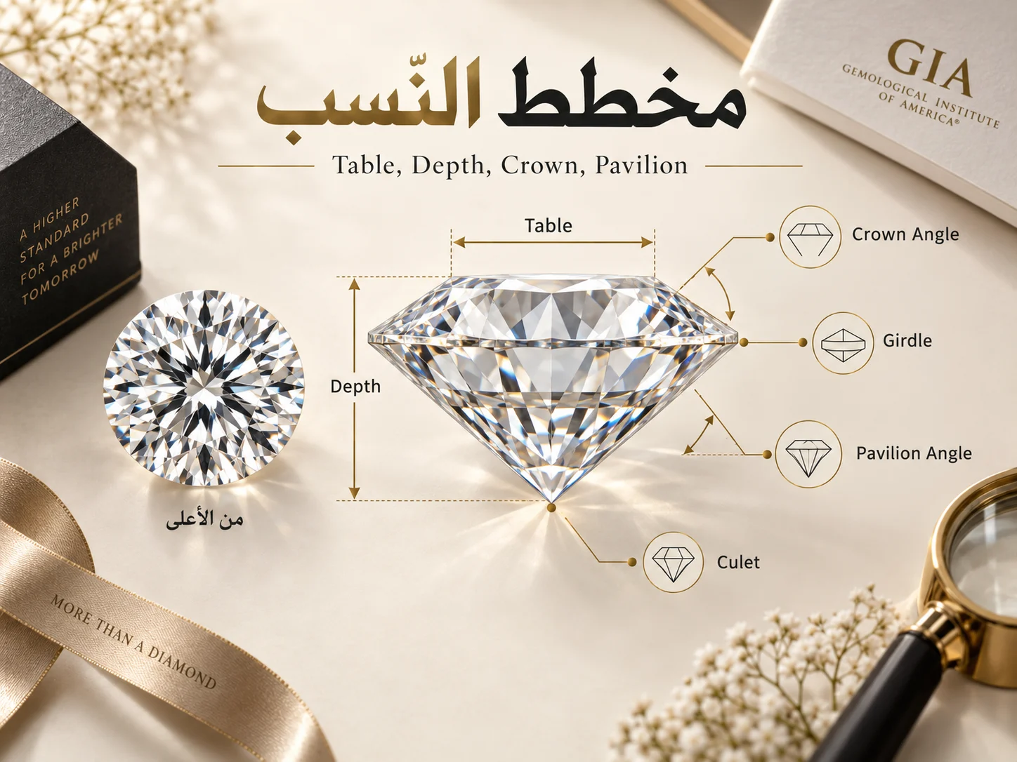 رسم جانبي تفصيلي للماسة يوضح Table وDepth وCrown Angle وPavilion Angle وGirdle وCulet.