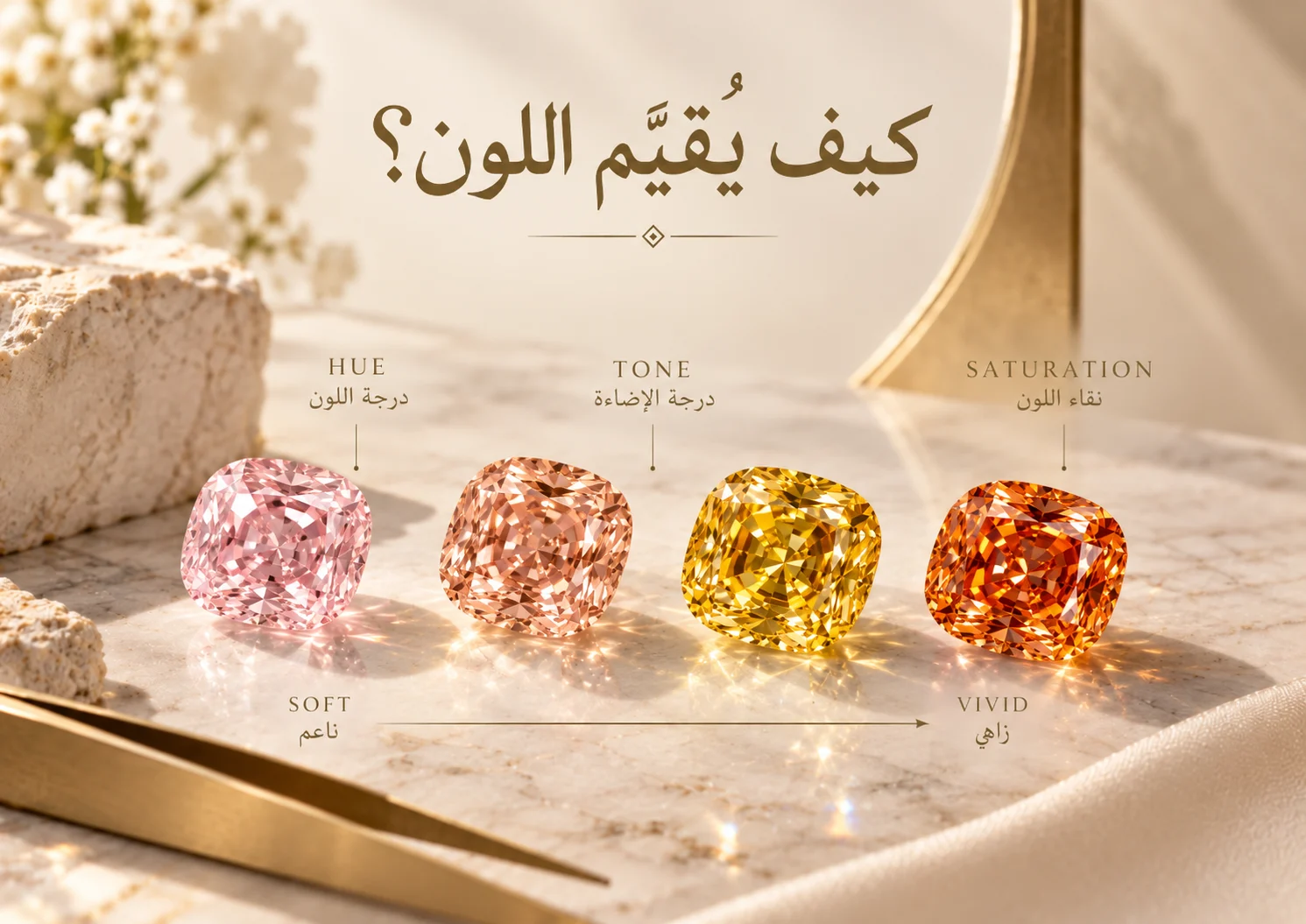 أربع ماسات متدرجة من لون ناعم إلى لون قوي، مع كلمات Hue وTone وSaturation.