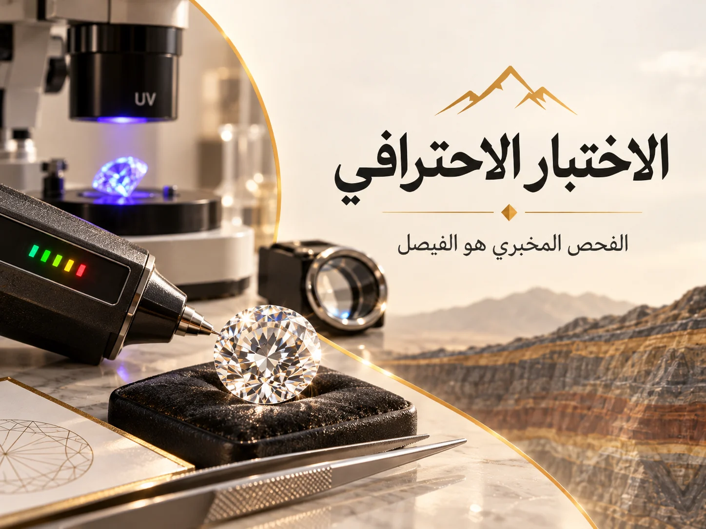 قلم Diamond Tester يختبر ثلاث أحجار، مع تنبيه بصري أن النتيجة لا تحدد وحدها منشأ الألماس.
