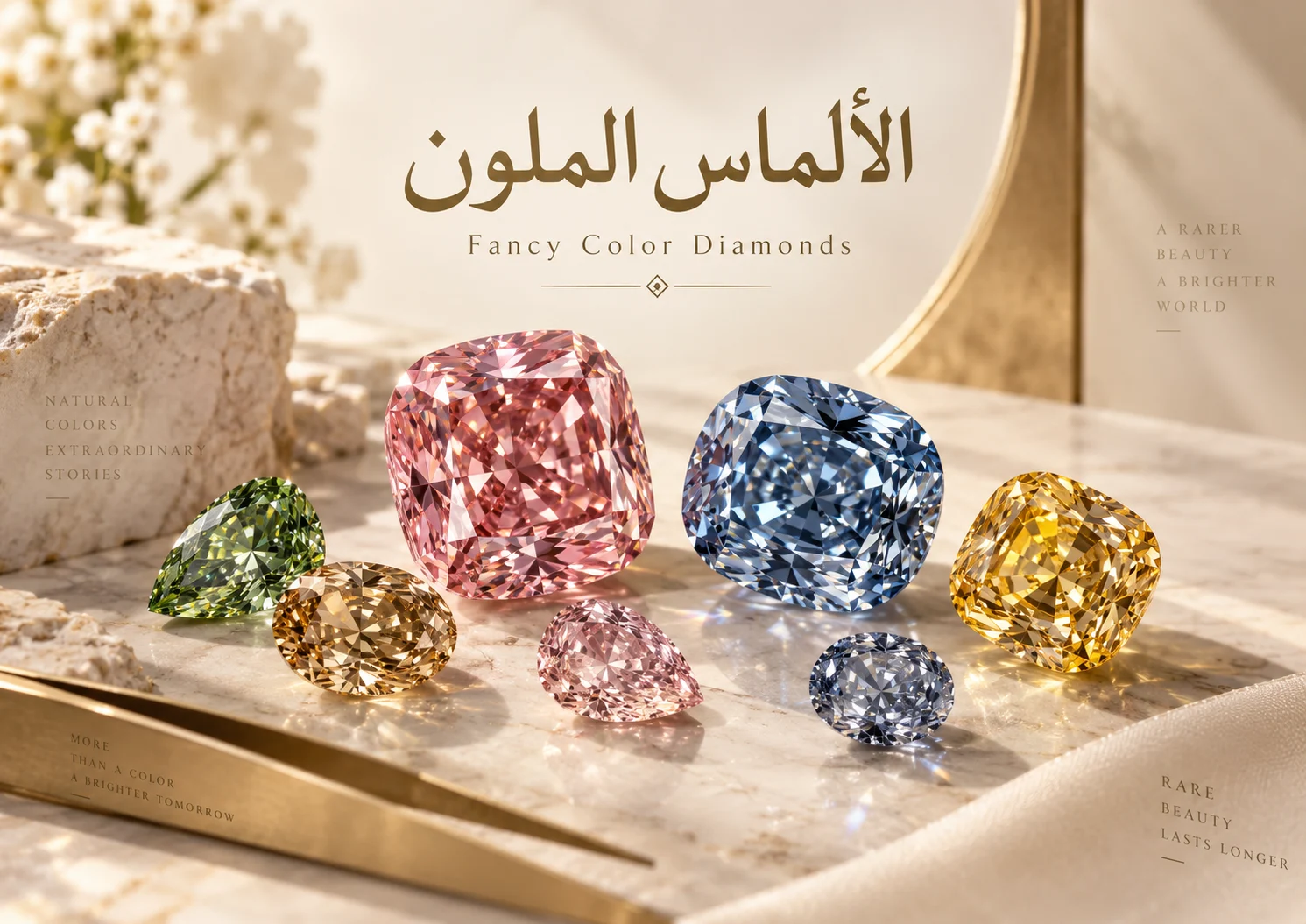 مجموعة فاخرة من الماسات الملونة بالوردي والأزرق والأصفر والأخضر والبرتقالي بأشكال وقطع مختلفة.