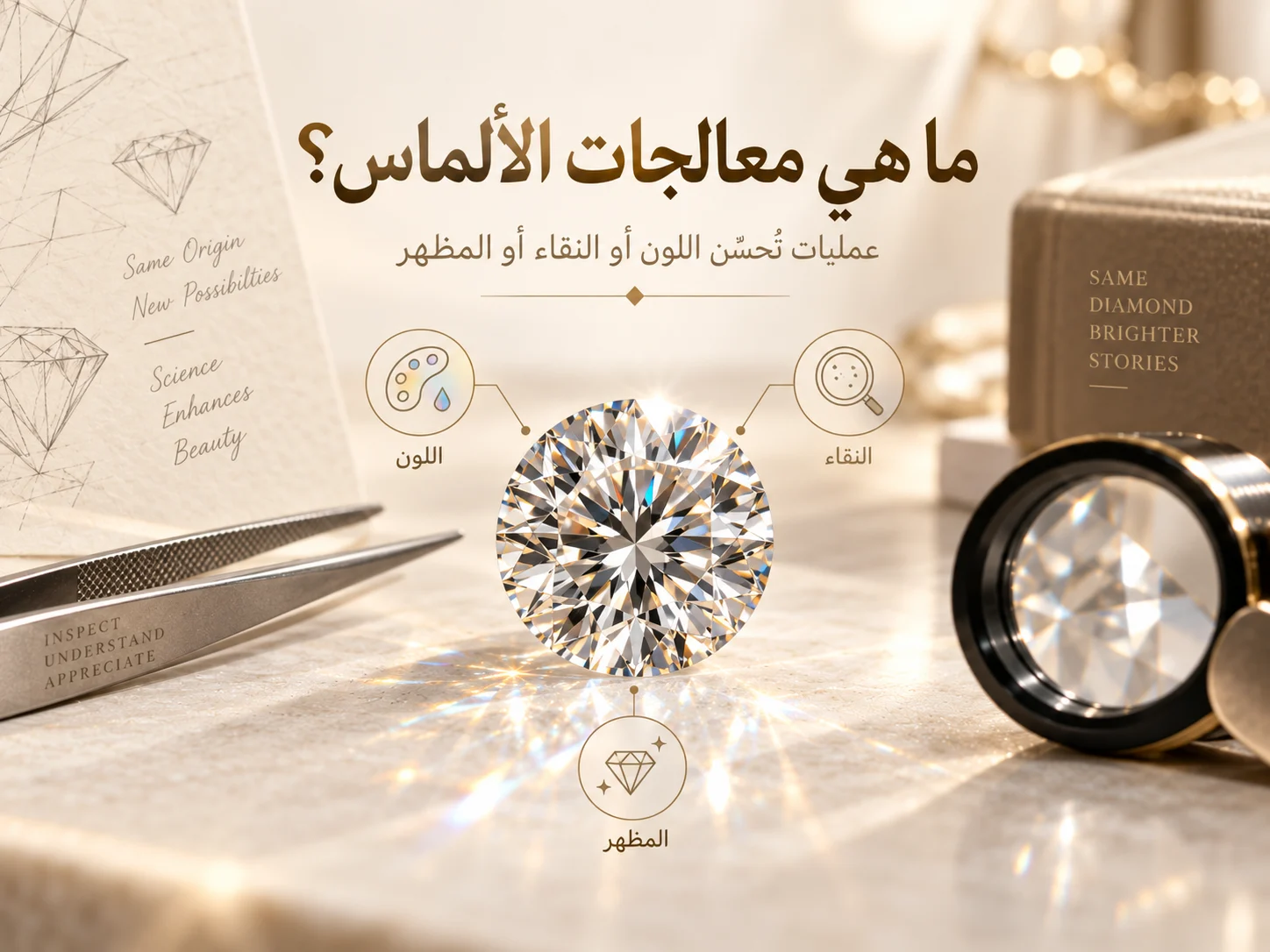 ماسة كبيرة في المنتصف وحولها رموز بسيطة للون والنقاء والمظهر، مع أدوات فحص مجوهرات في الخلفية.