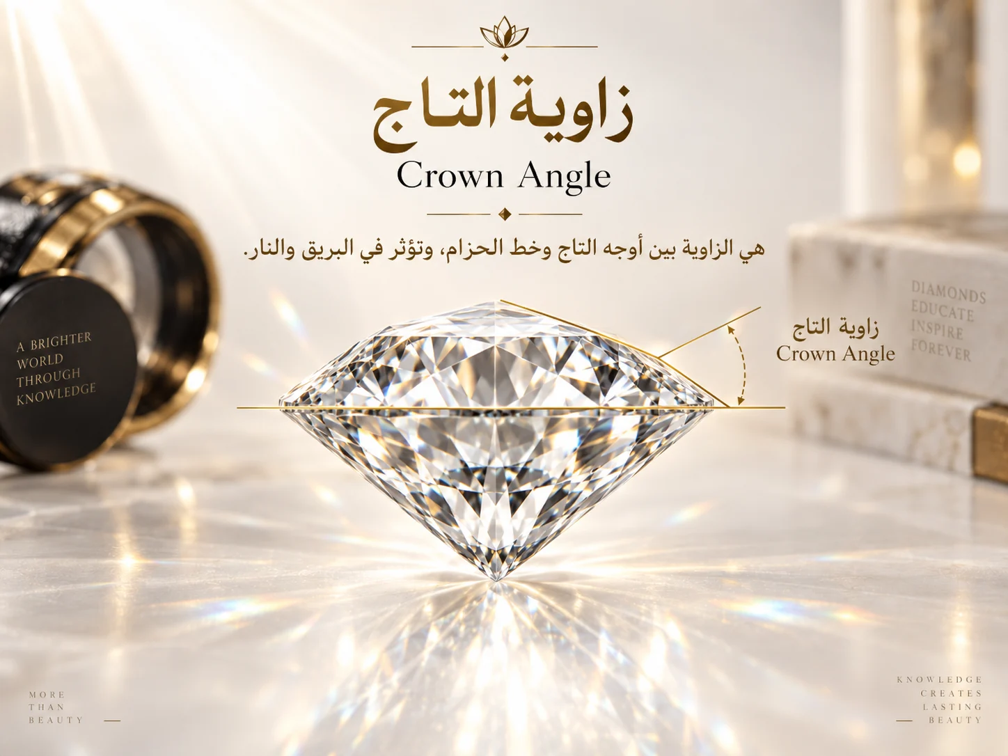 مقطع جانبي لماسة مع خط يحدد Crown Angle بين الحزام وواجهة التاج الرئيسية.