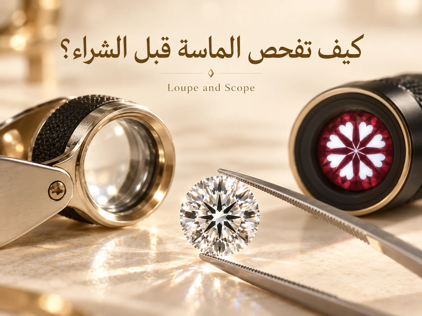 ماسة بجانب Hearts & Arrows Viewer وبطاقة فحص تعرض القلوب والسهام.