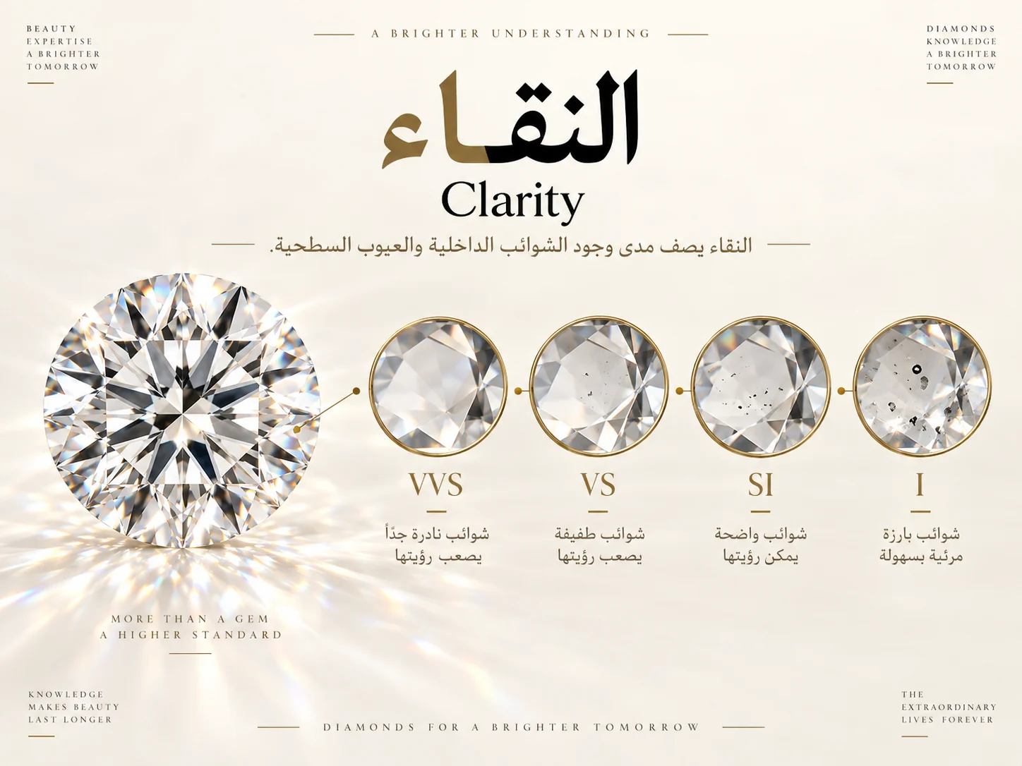 درجات نقاء الألماس من VVS إلى I مع توضيح اختلاف حجم ووضوح الشوائب داخل الماسة