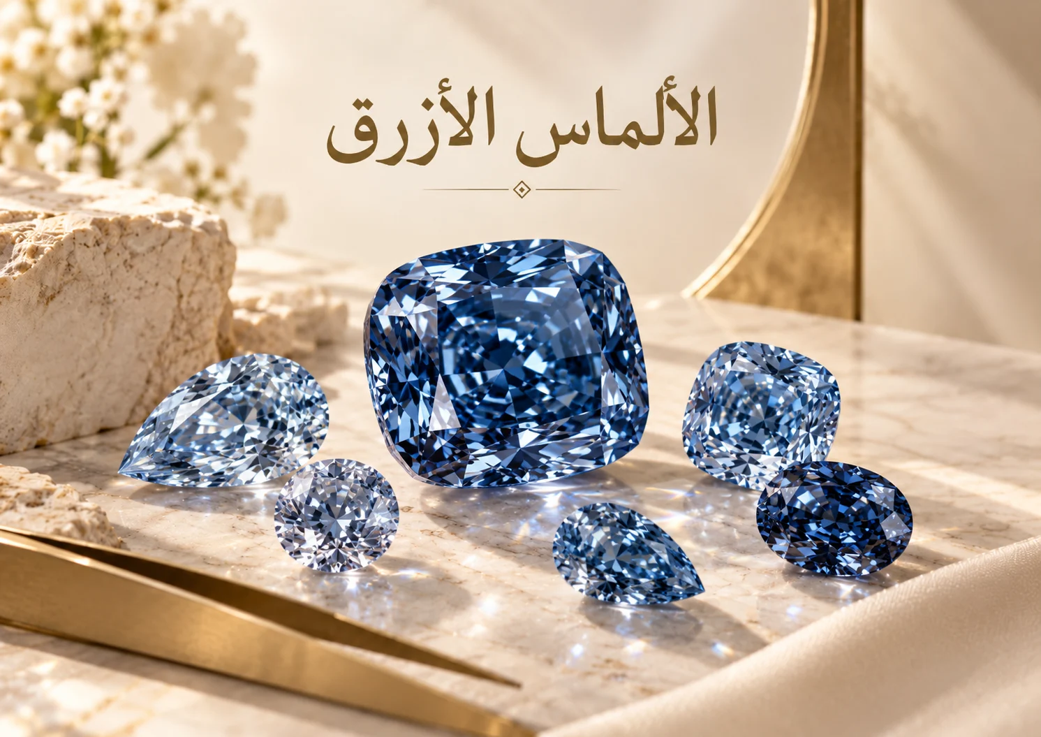 مجموعة ماسات زرقاء بدرجات مختلفة من الأزرق، مع اختلاف في الشكل والعمق اللوني.