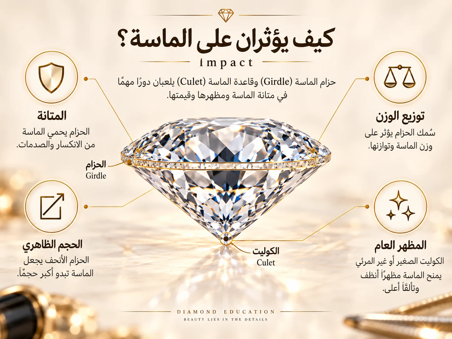 رسم يوضح تأثير الحزام والكوليت على المتانة والمظهر وتوزيع الوزن ضمن هندسة الماسة.