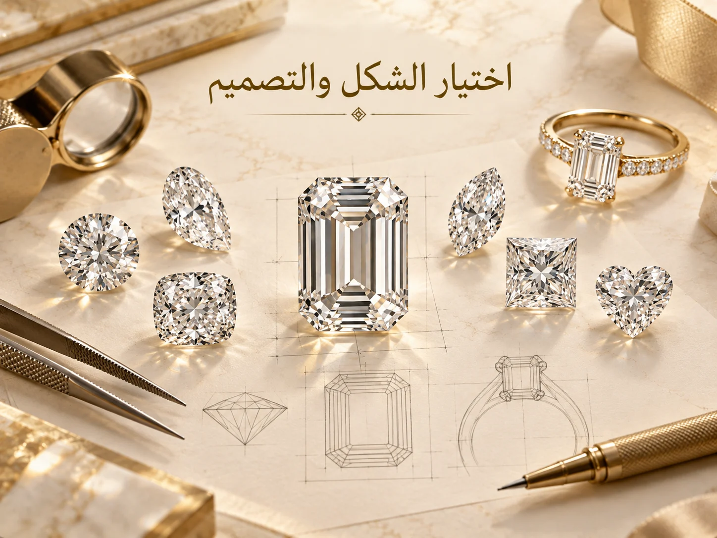 ماسة Emerald على مخطط تصميم مجوهرات مع أدوات المصمم وأشكال ألماس أخرى في الخلفية.