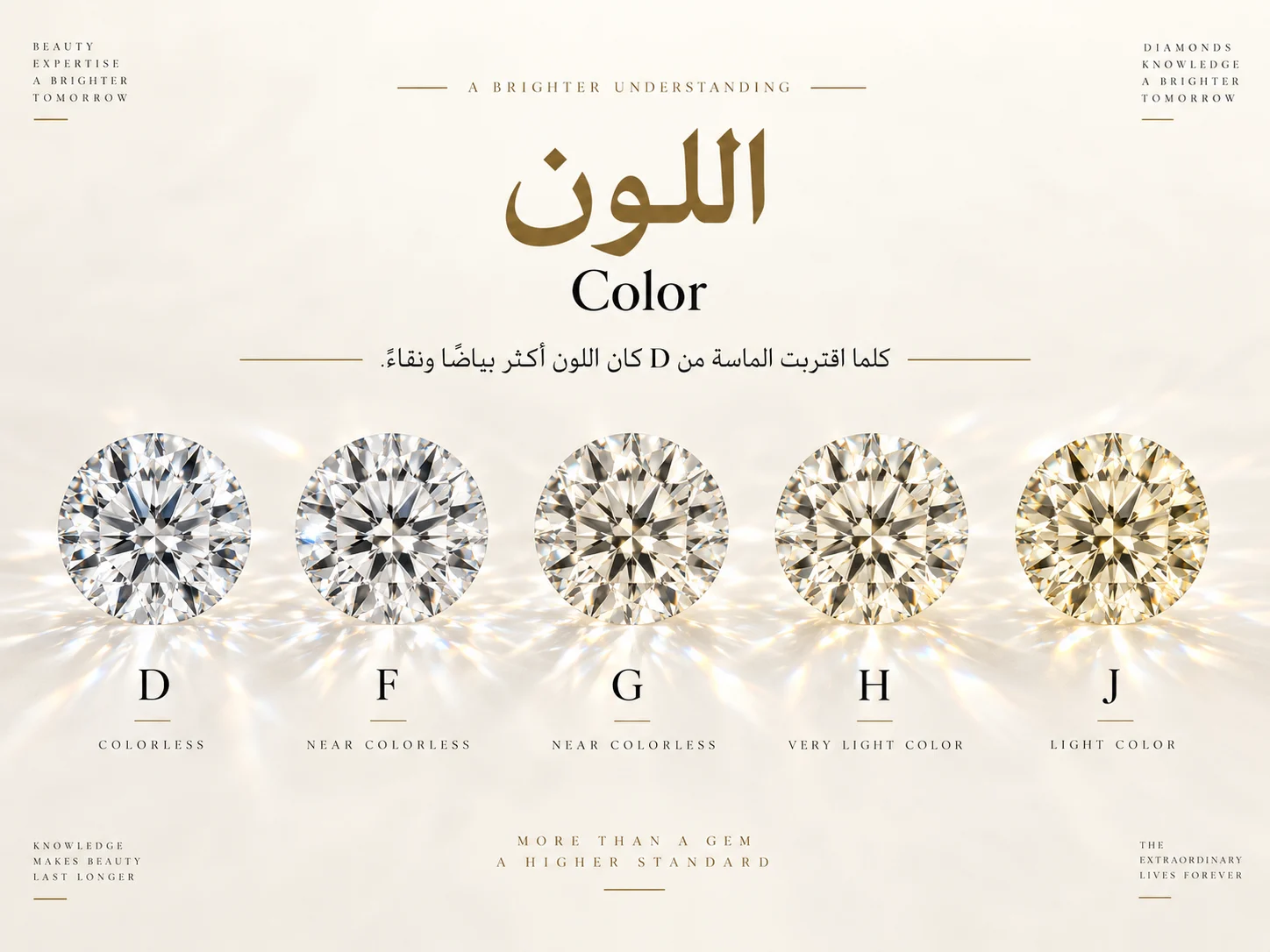 درجات لون الألماس من D إلى J مع توضيح الفرق بين الألماس عديم اللون ودرجات اللون الأكثر دفئًا