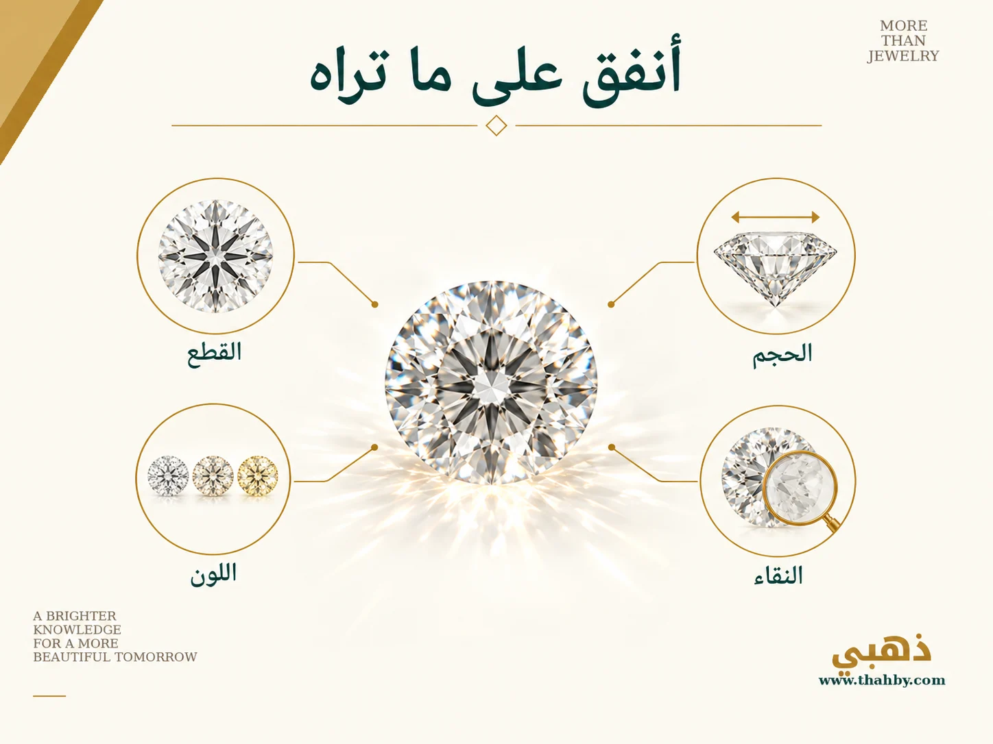 كيفية توزيع ميزانية شراء الألماس على القطع والحجم واللون والنقاء بحسب تأثير كل عامل بصريًا.