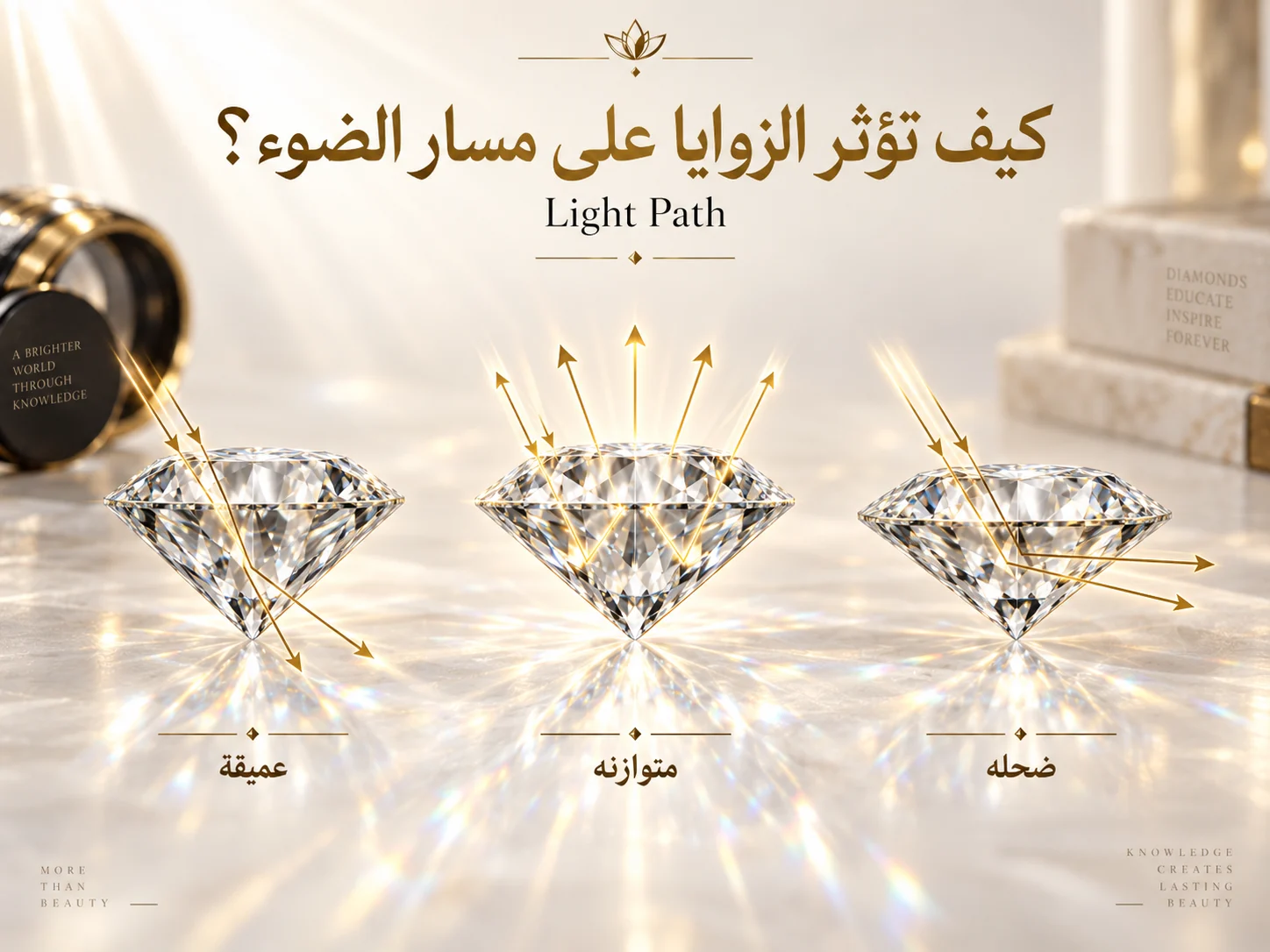 ثلاث ماسات من الجانب توضح مسار الضوء في زوايا عميقة ومتوازنة وضحلة.