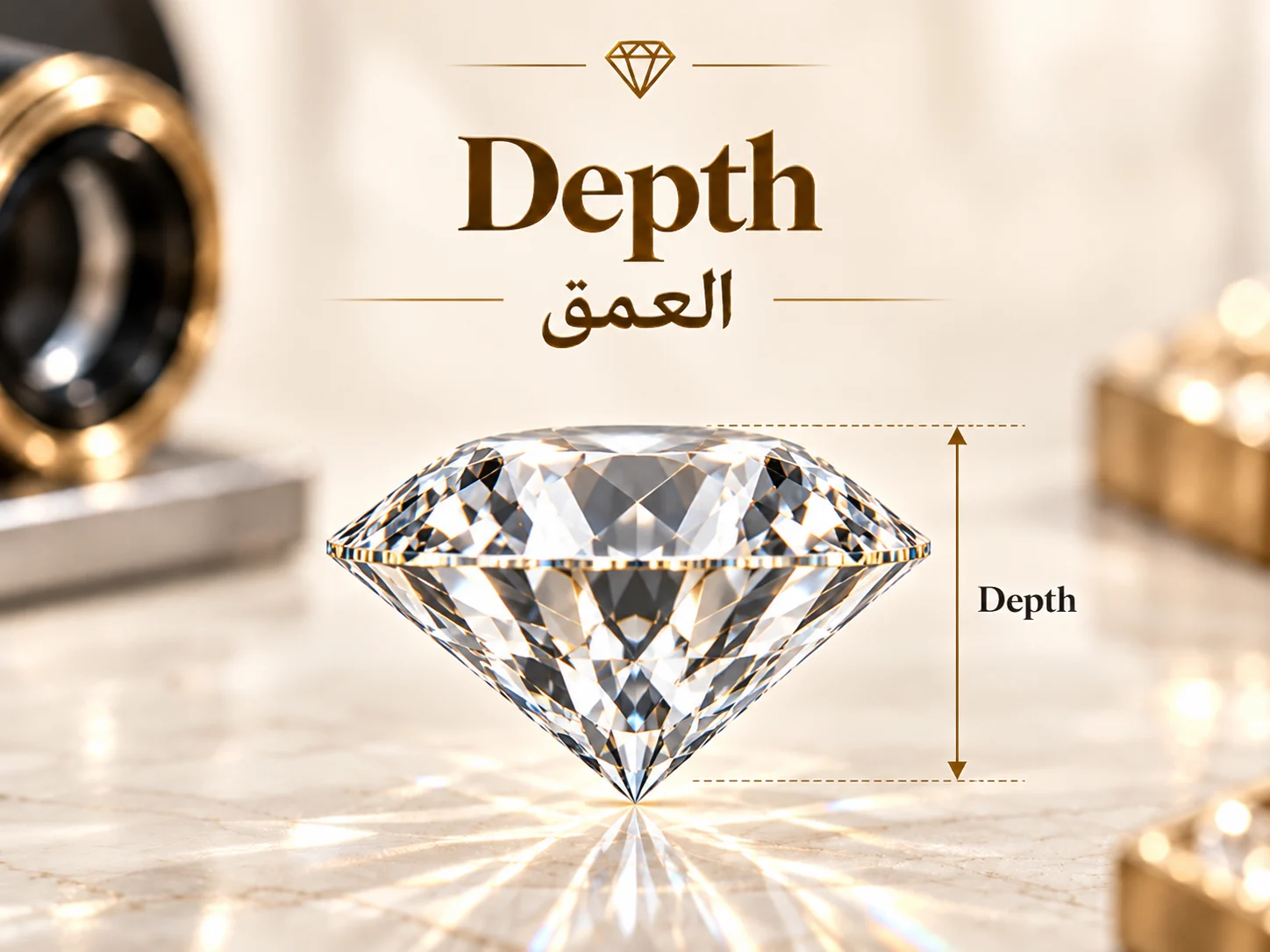 رسم جانبي للماسة مع سهم رأسي يوضح Depth من أعلى الحجر إلى أسفله.