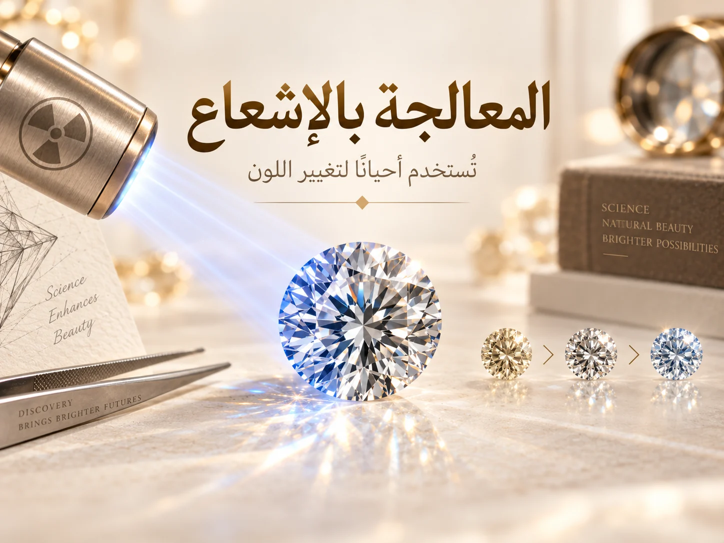 ماسة تحت مصدر إشعاعي تقني مبسط، مع مقارنة لونية قبل وبعد المعالجة.