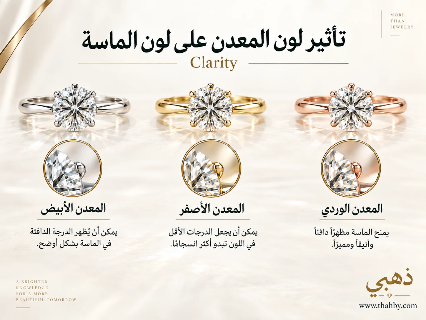 مقارنة لماسة واحدة مثبتة على الذهب الأبيض والذهب الأصفر والذهب الروز لتوضيح تأثير لون المعدن على إدراك لون الماسة.