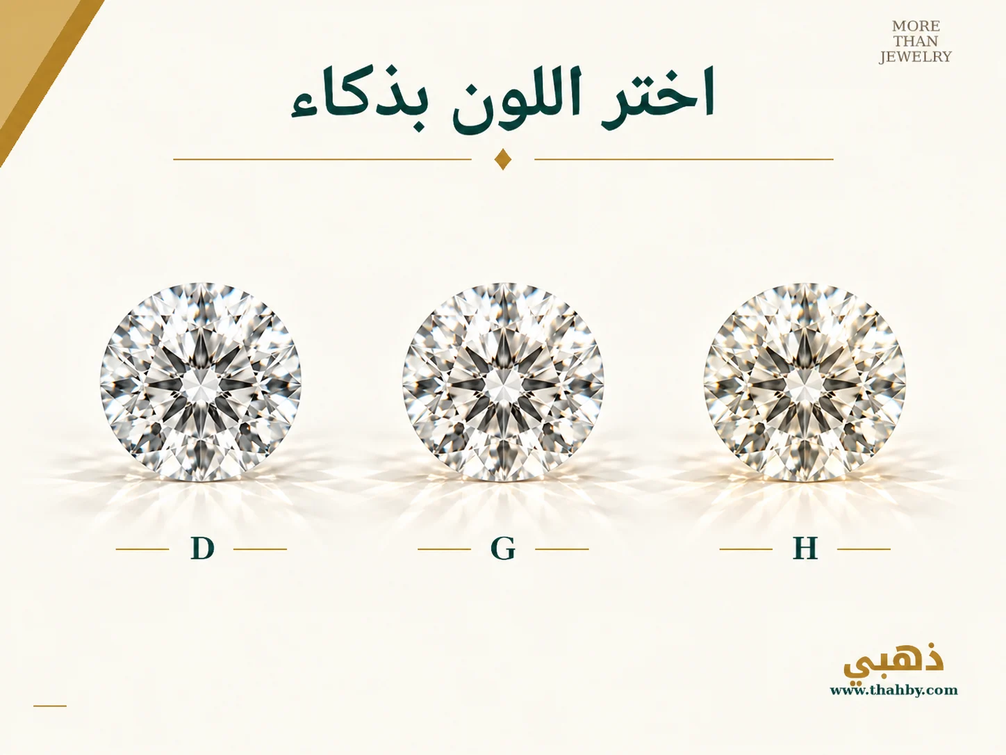 مقارنة بين درجات D وG وH لتوضيح أن الفارق البصري بين درجات اللون العليا قد يكون محدودًا مقارنة بفرق السعر.